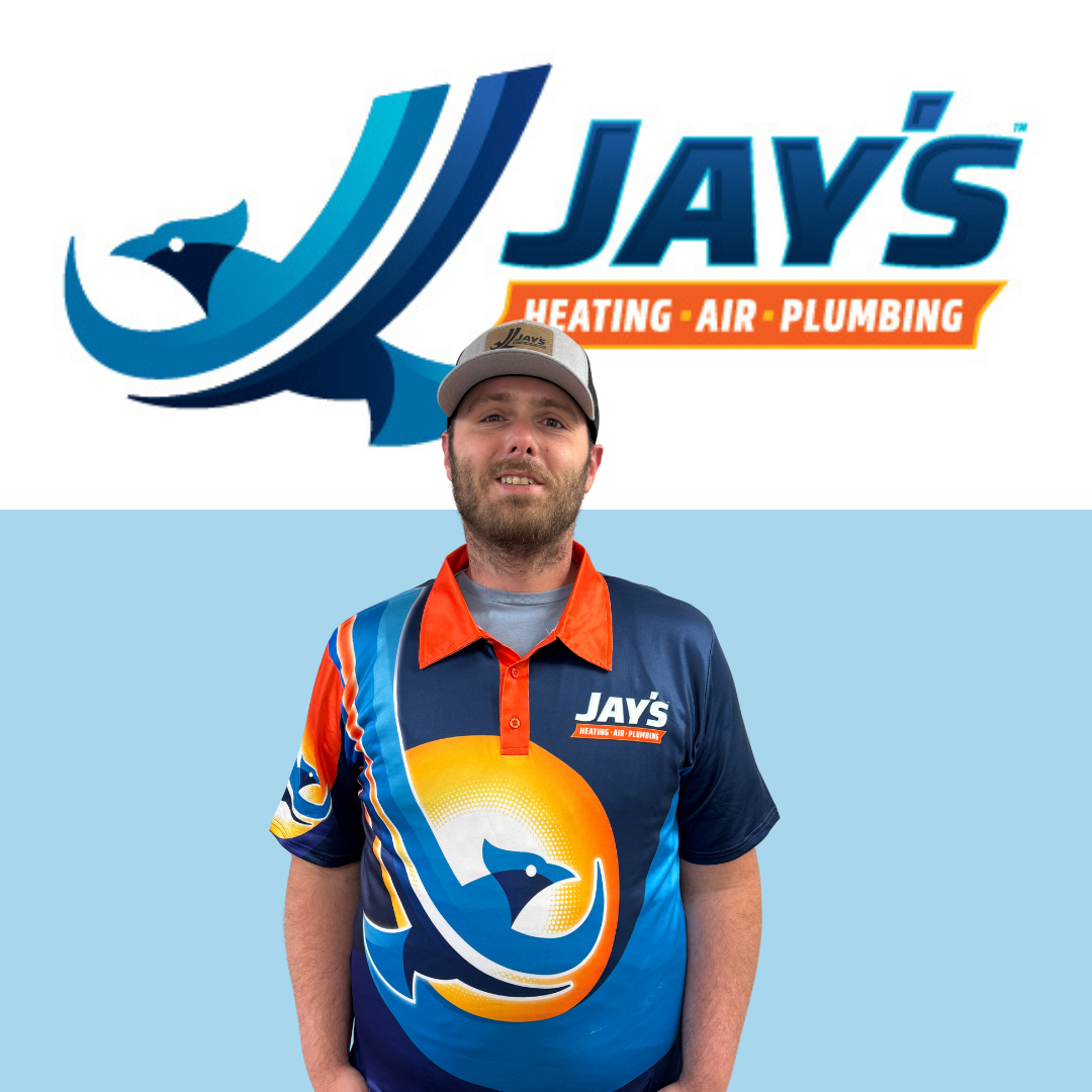 A man in a branded polo and cap stands in front of the Jay's Heating, Air, Plumbing logo on a blue and white background.
