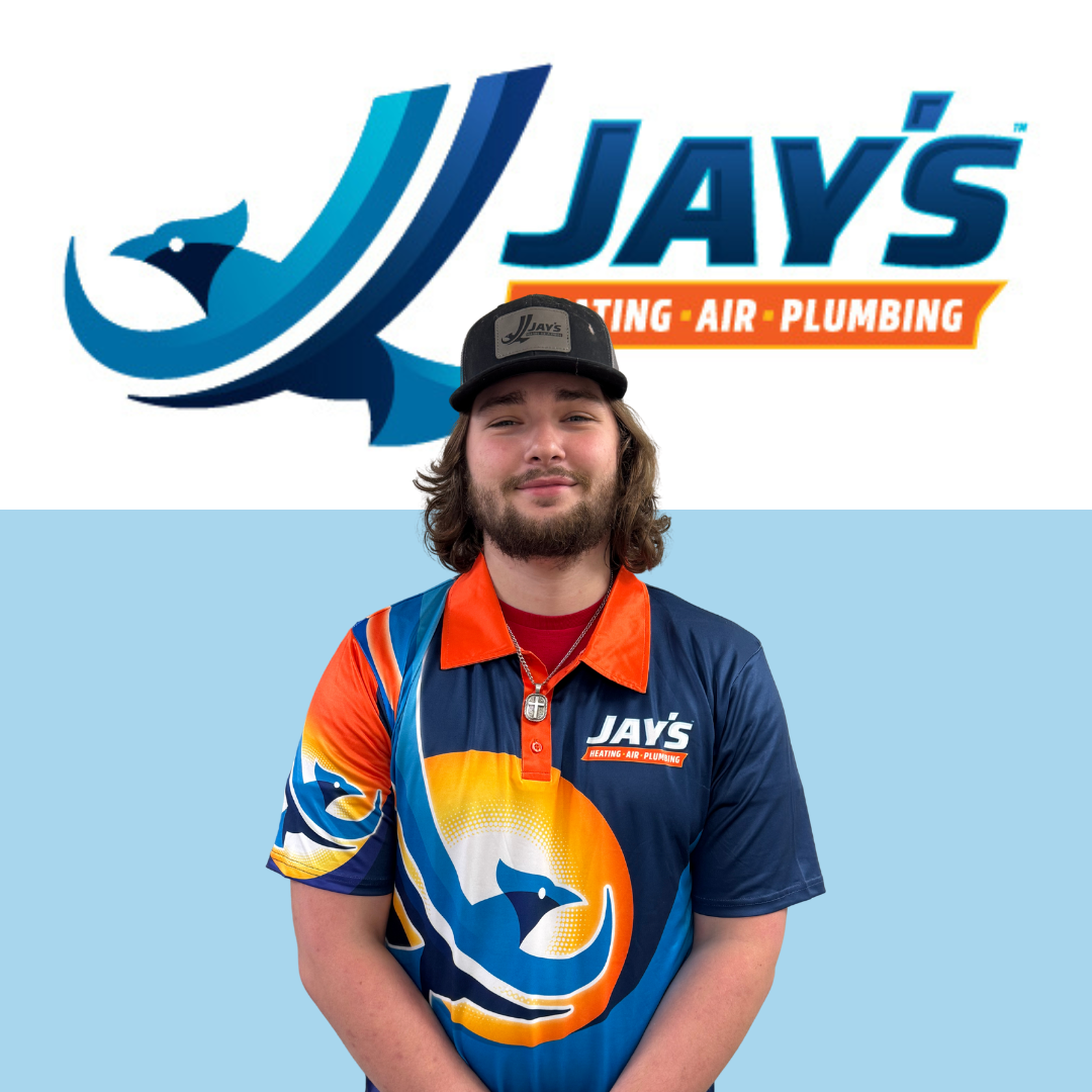 A person wearing a Jay's Heating, Air, Plumbing uniform stands in front of the company logo, which features a stylized bird and bold text.