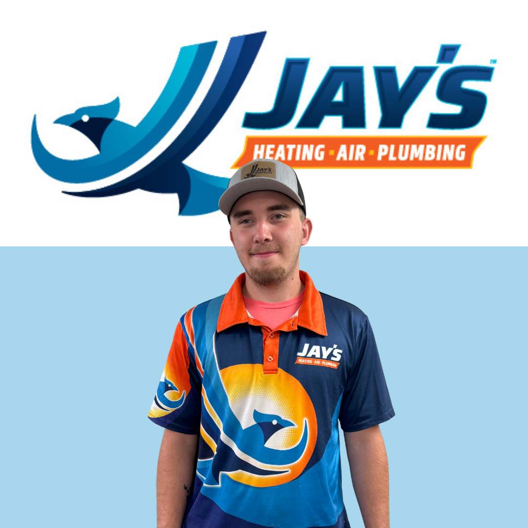 A man wearing a Jay's Heating, Air, Plumbing uniform stands in front of the company logo.