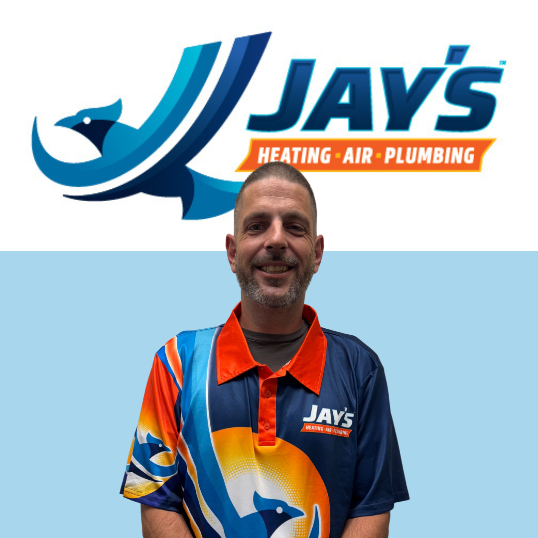 A man in a Jay's Heating, Air, Plumbing uniform stands in front of a company logo and light blue background at Altitude Academy.