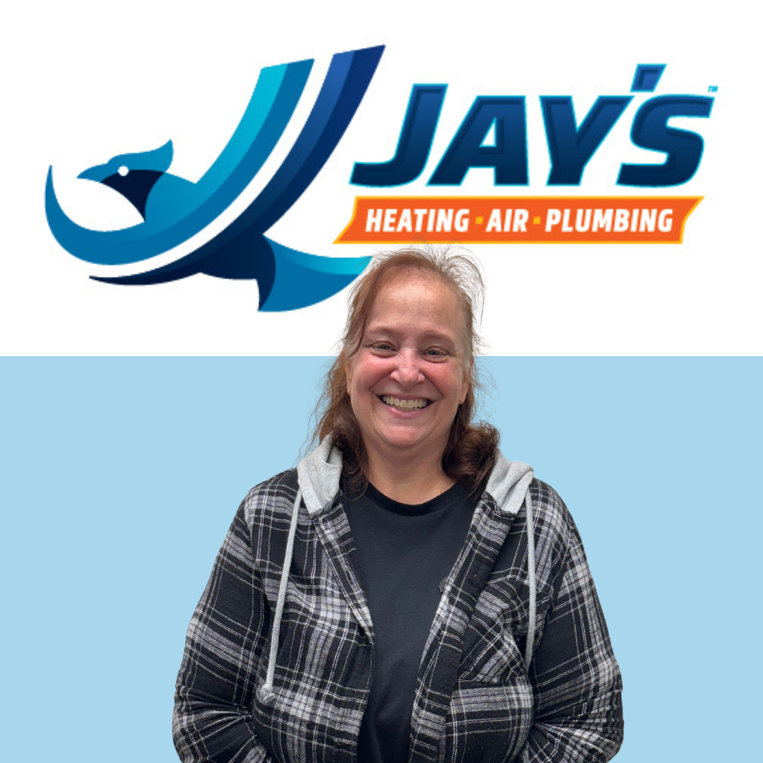 A woman in a plaid shirt smiles in front of a "Jay’s Heating Air Plumbing" logo featuring a stylized blue jay, representing the friendly service and 5-Star Technicians you can trust.
