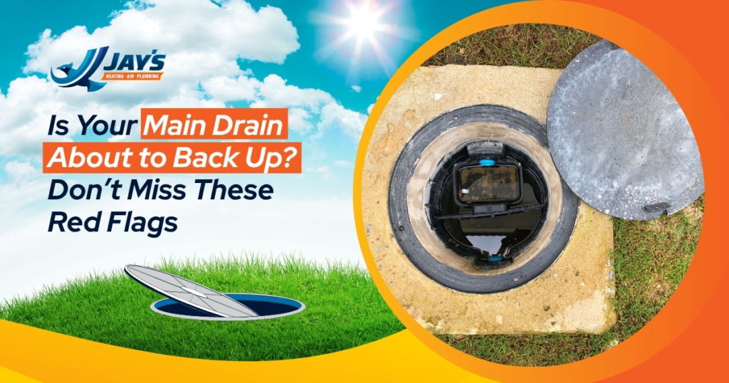 A circular drain with an open lid is shown on grass under a sunny sky, accompanied by text about main drain backup warning signs from Jay's Plumbing.