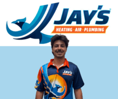 A man wearing a Jay's Heating, Air, Plumbing uniform stands in front of a Jay's company logo on a light blue background, representing the team's 5-Star Technicians known for exceptional service.