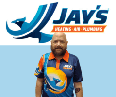 A man with a beard wearing a colorful Jay's Heating, Air, Plumbing shirt stands in front of the company logo, representing their team of 5-Star Technicians.