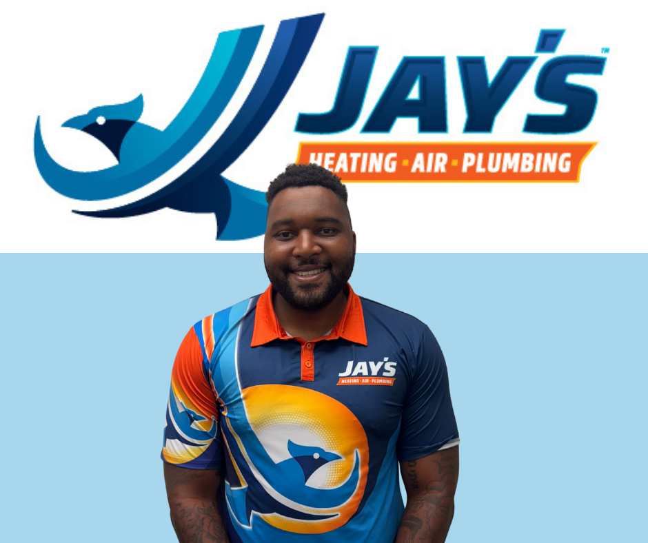 Smiling man wearing a Jay’s Heating, Air, Plumbing uniform stands in front of the company logo on a blue and white background, representing our team of 5-Star Technicians.