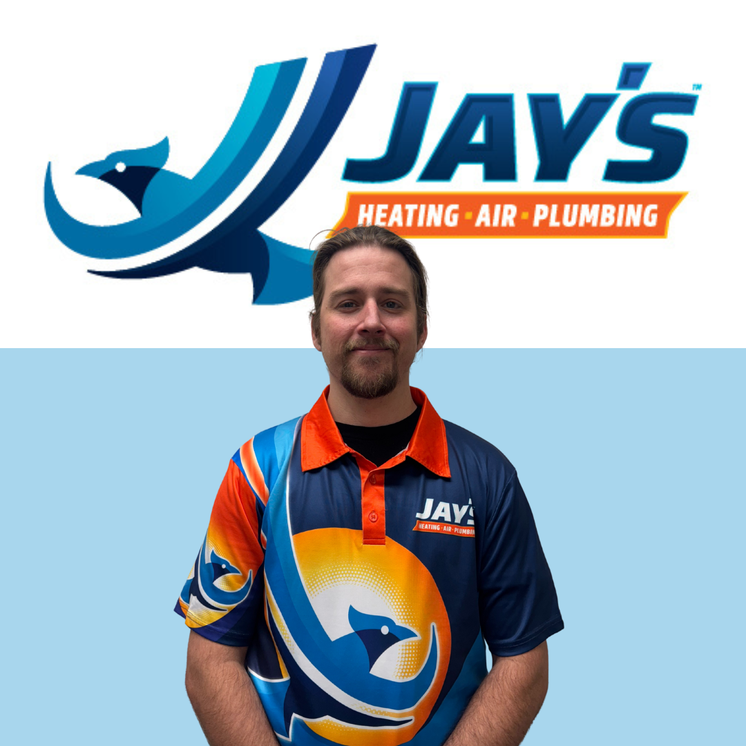 A man wearing a Jay's Heating, Air, Plumbing uniform stands in front of the company logo, featuring a blue bird and bold text.