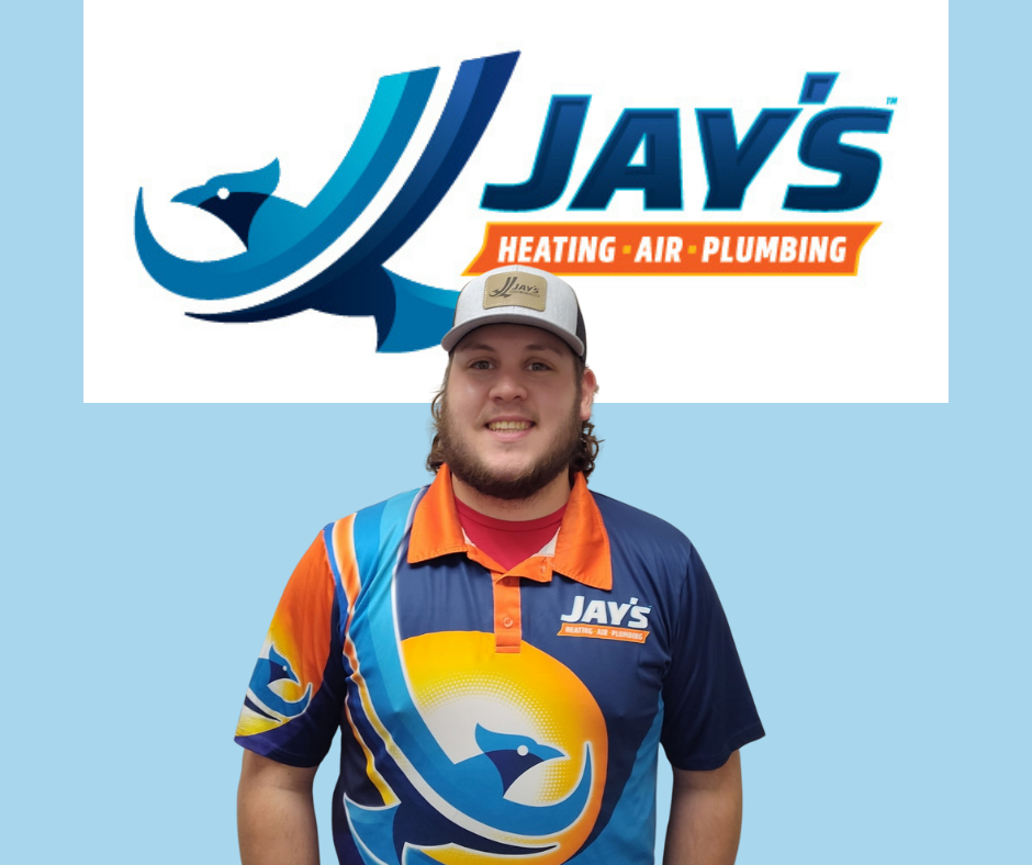 A man in a branded Jay's Heating, Air, Plumbing uniform stands smiling in front of the company's logo on a light blue background, representing 5-Star Service and quality technicians you can trust.