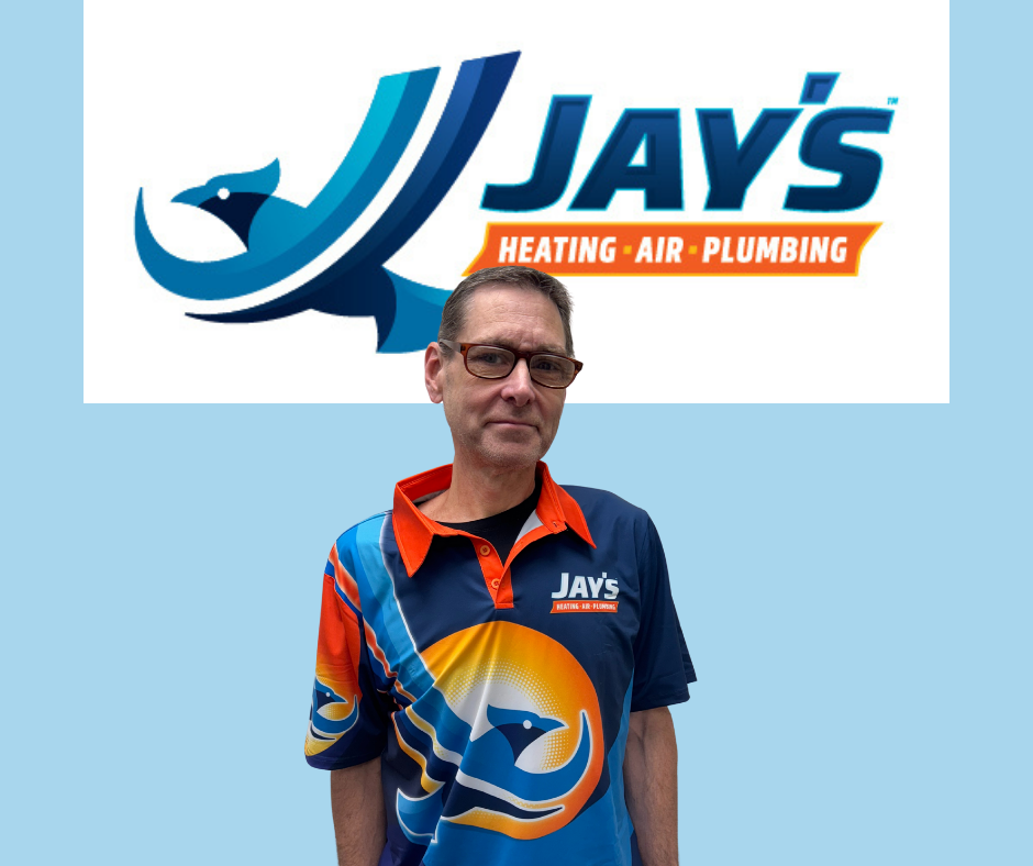A man wearing a Jay's Heating, Air, and Plumbing shirt stands in front of a Jay's Heating, Air, and Plumbing logo on a light blue background, representing the 5-Star Technicians that deliver exceptional service every time.