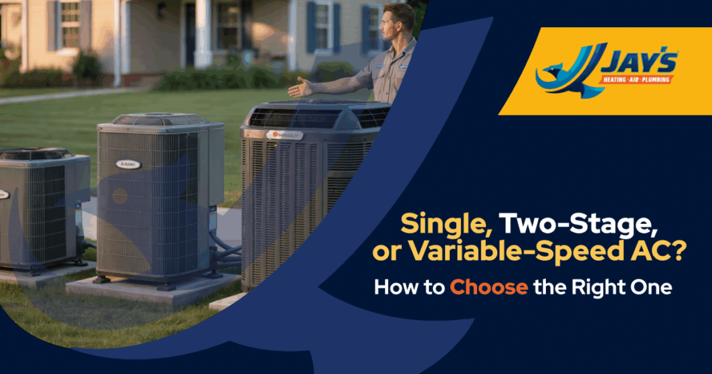 A technician stands outside near three different air conditioning units, gesturing towards them; a banner reads “Single Stage AC, Two Stage AC, or Variable Speed AC? How to Choose the Right One.”.