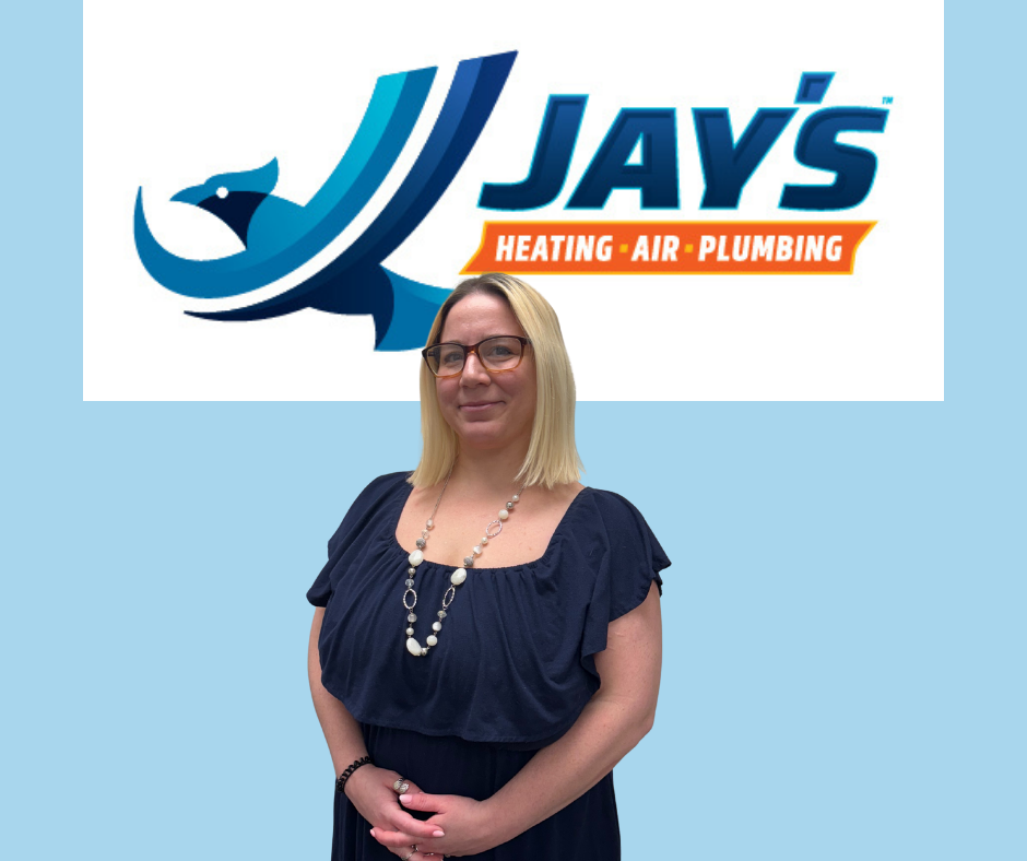 A woman with blonde hair and glasses stands in front of a Jay’s Heating, Air, Plumbing logo on a light blue background, representing our 5-Star Technicians.